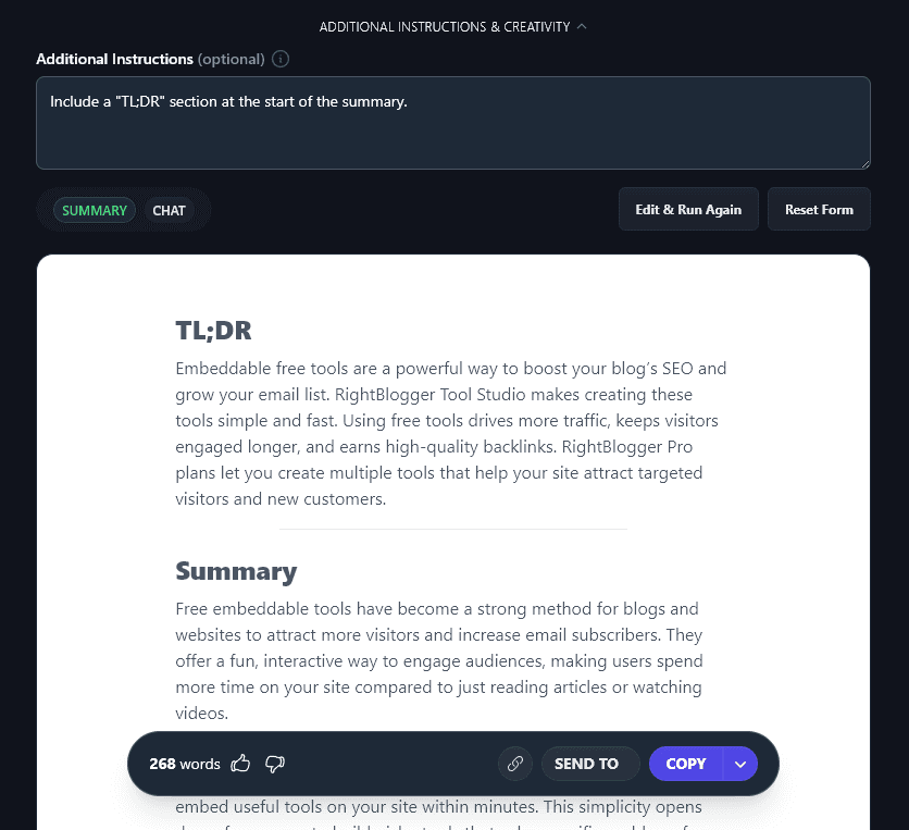 Giving Additional Instructions to the AI Summary Tool