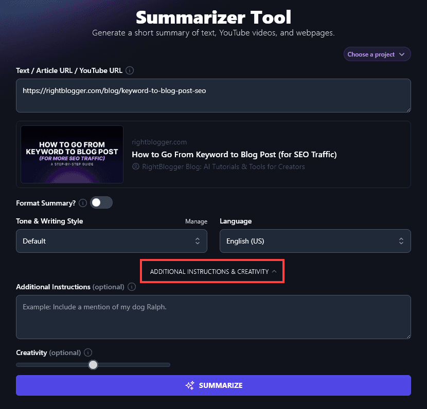 Opening Up the Advanced Options for the AI Summarizer Tool