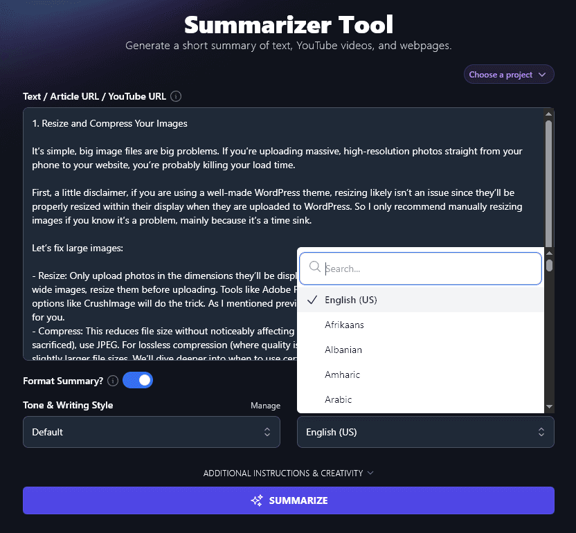 Choosing Your Preferred Language With the AI Summarizer Tool