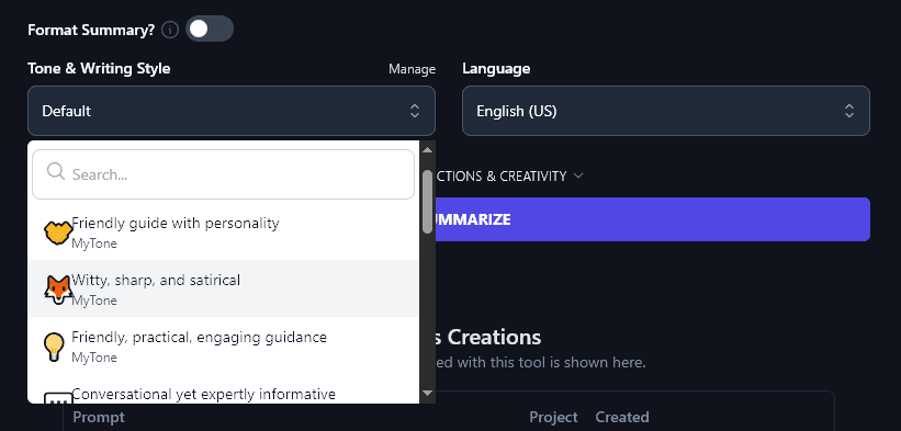 A List of MyTones in the Tone & Writing Style Dropdown for the AI Summarizer Tool