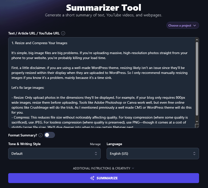 Pasting a Passage of Text into the AI Summarizer Tool