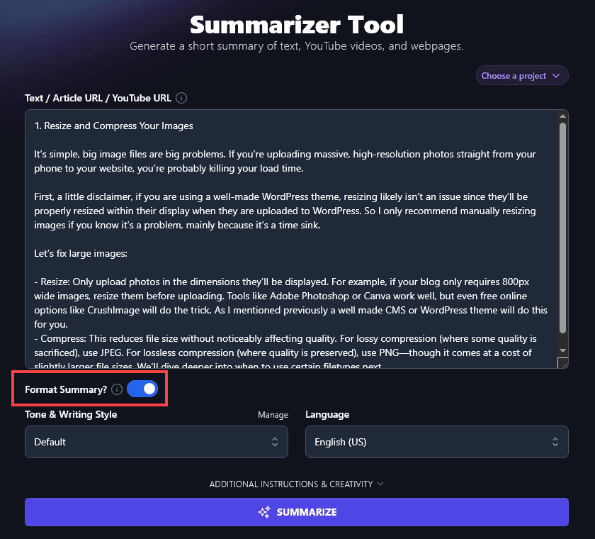 Getting the AI to Format the Summary it Creates, With the Summarizer Tool