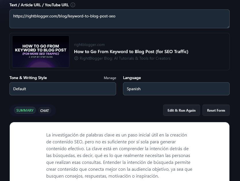 An Example ofan AI-Generated Summary Produced in Spanish (for an English Blog Post)