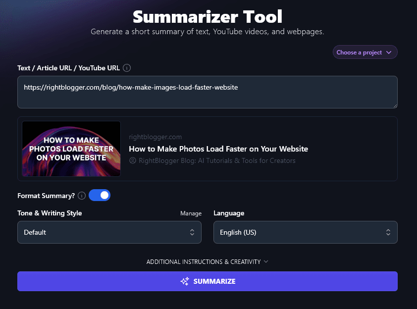 Using the Summarizer Tool With a URL Instead of Pasting in Text