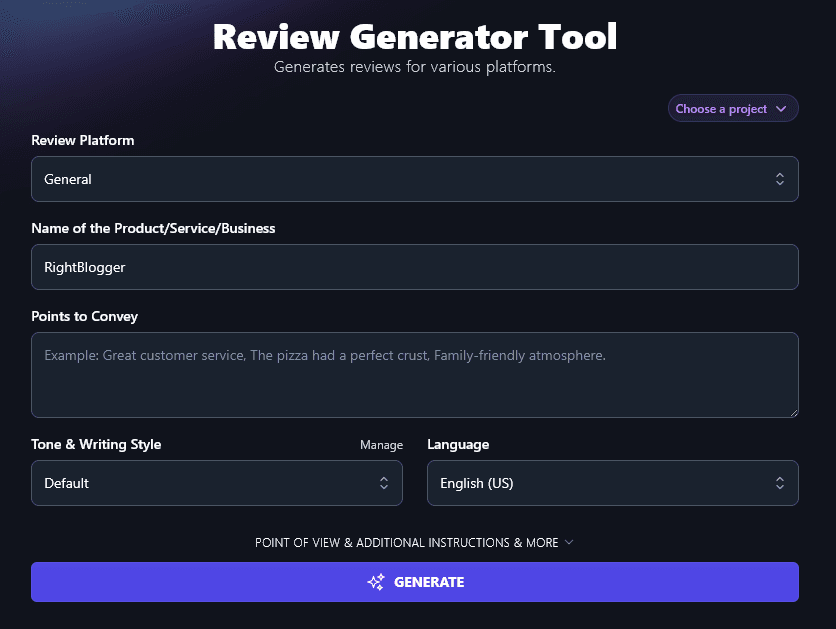 Entering the Name of the Product You're Reviewing or Writing a Testimonial for, in the AI Review Generator