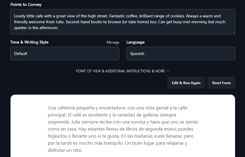 The AI Review Generator Producing a Review in Spanish