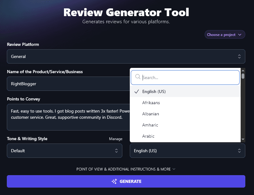 Selecting a Language for Your Review or Testimonial: the Testimonial Tool Can Write in Over 100 Languages