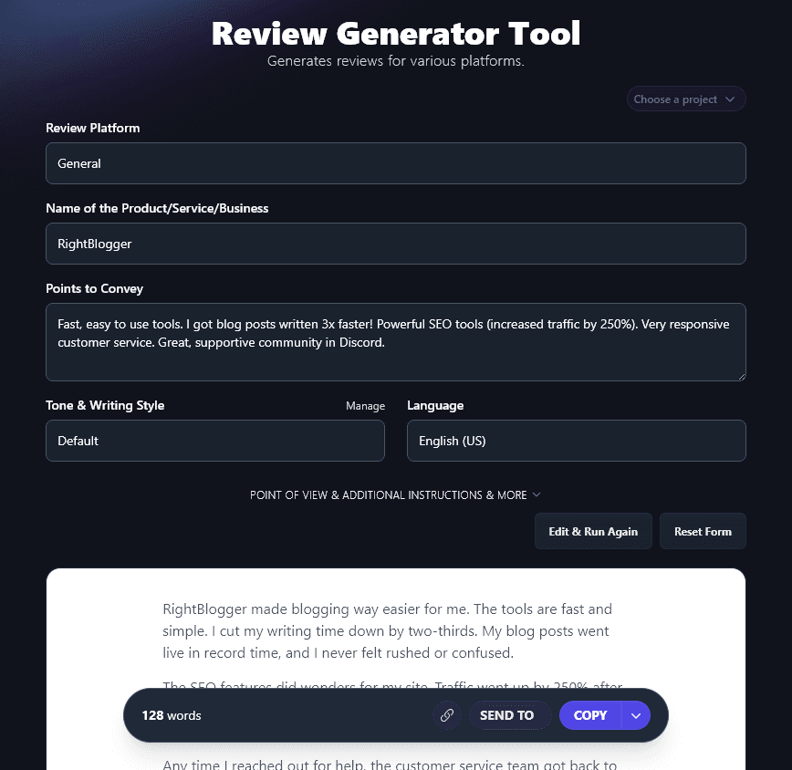 The Generated Testimonial Produced by the Review/Testimonial Generator Tool