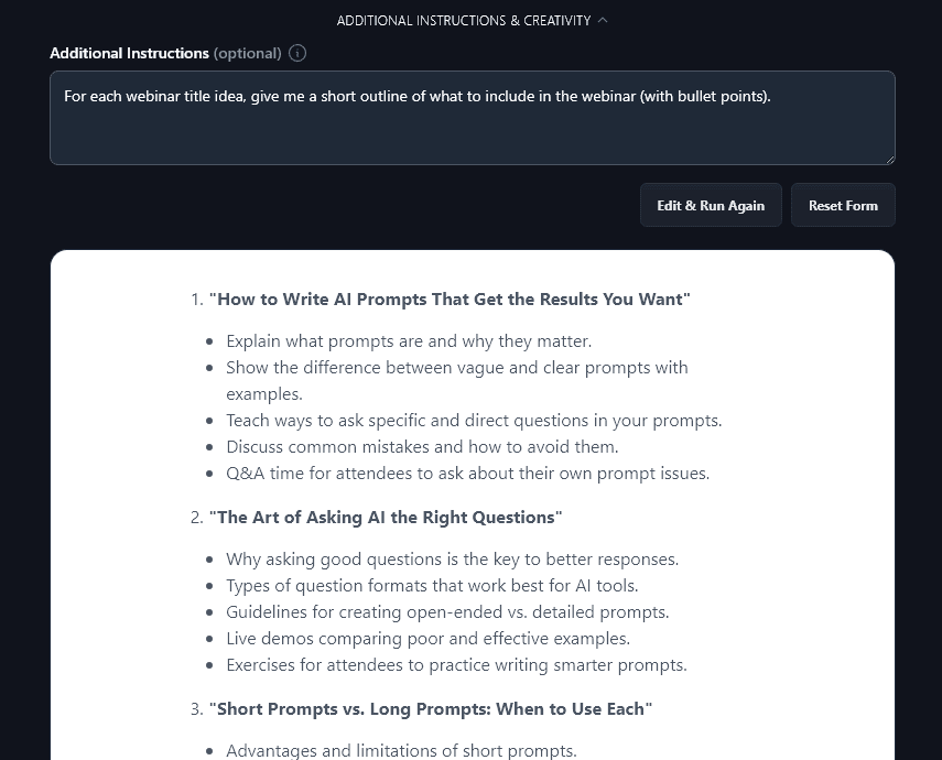 Entering Addtional Instructions That the Webinar Topic Generator Has Followed in Its Output