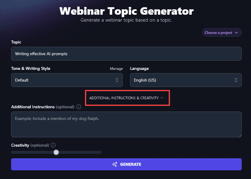 Opening Up the Advanced Options for the Webinar Topic Generator