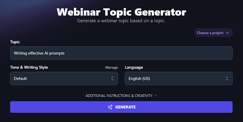 Entering an Initial Topic Into the Webinar Topic Generator
