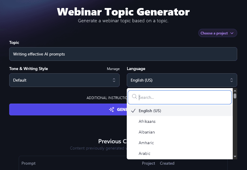 Selecting a Language to Use for the Webinar Topic Generator Tool's Output