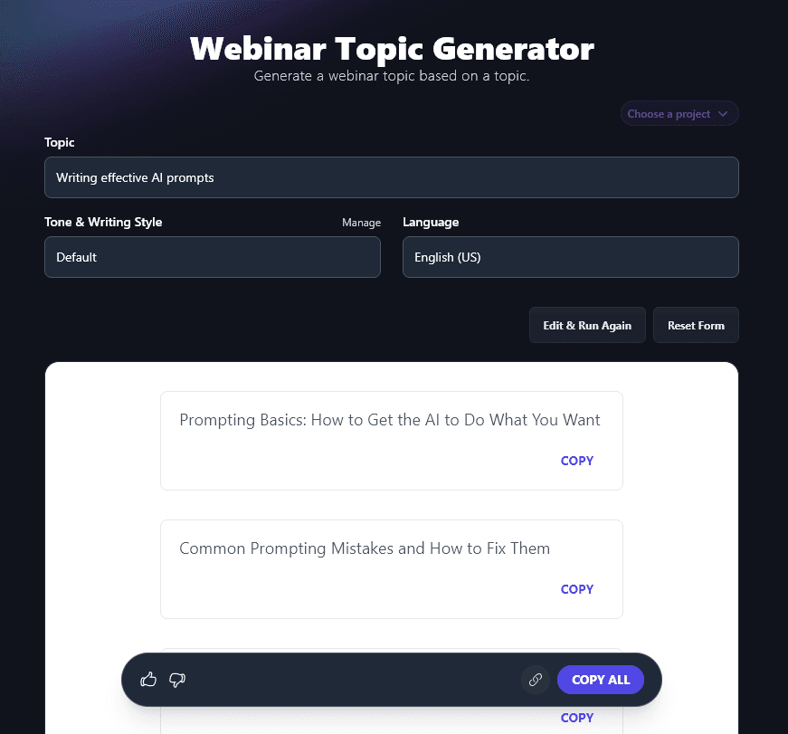 Viewing the List of Ideas Created by the Webinar Topic Generator