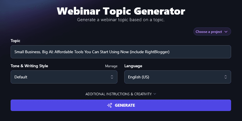 Entering a Detailed Topic Into the Webinar Topic Generator
