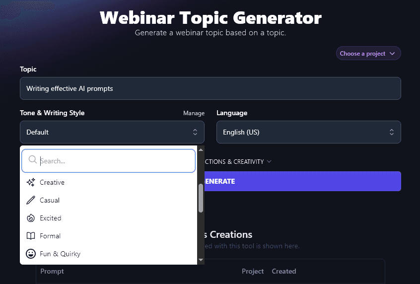 Choosing Your Tone & Writing Style for the Webinar Topic Generator