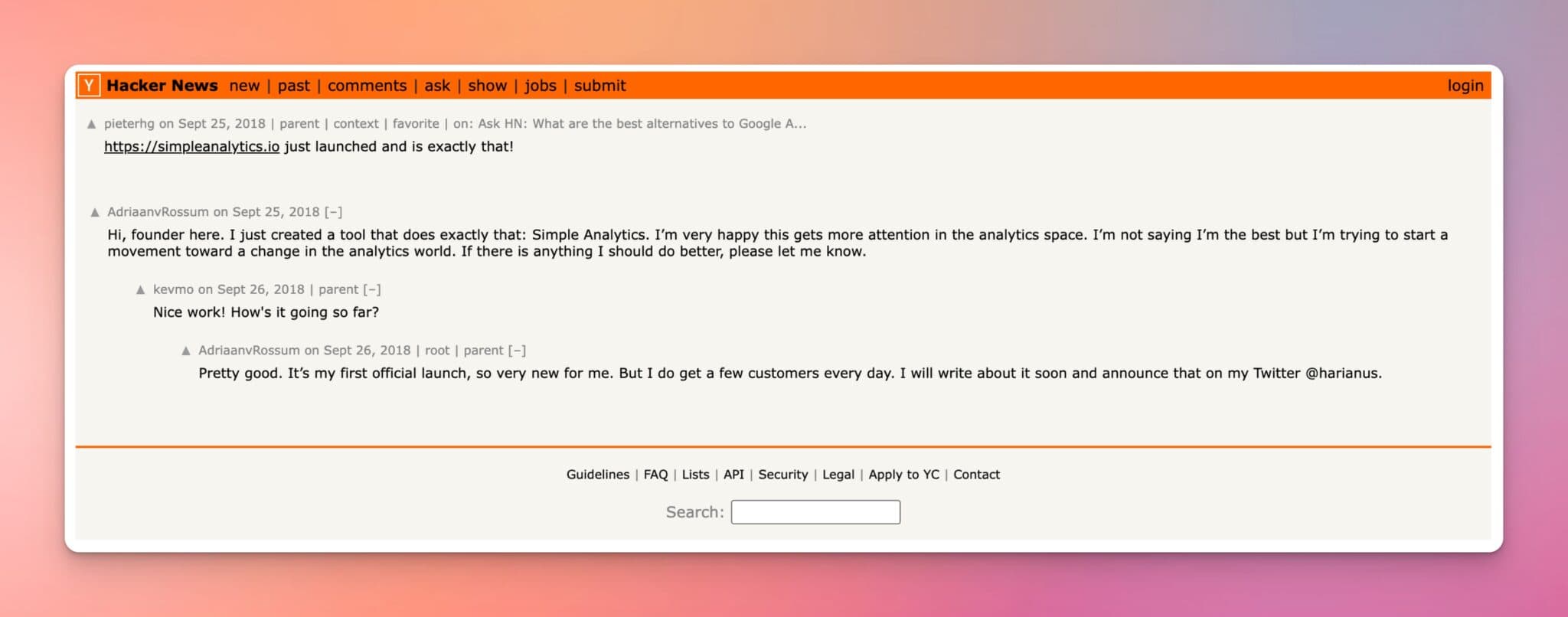 Hacker News Simple Analytics Launch Screenshot