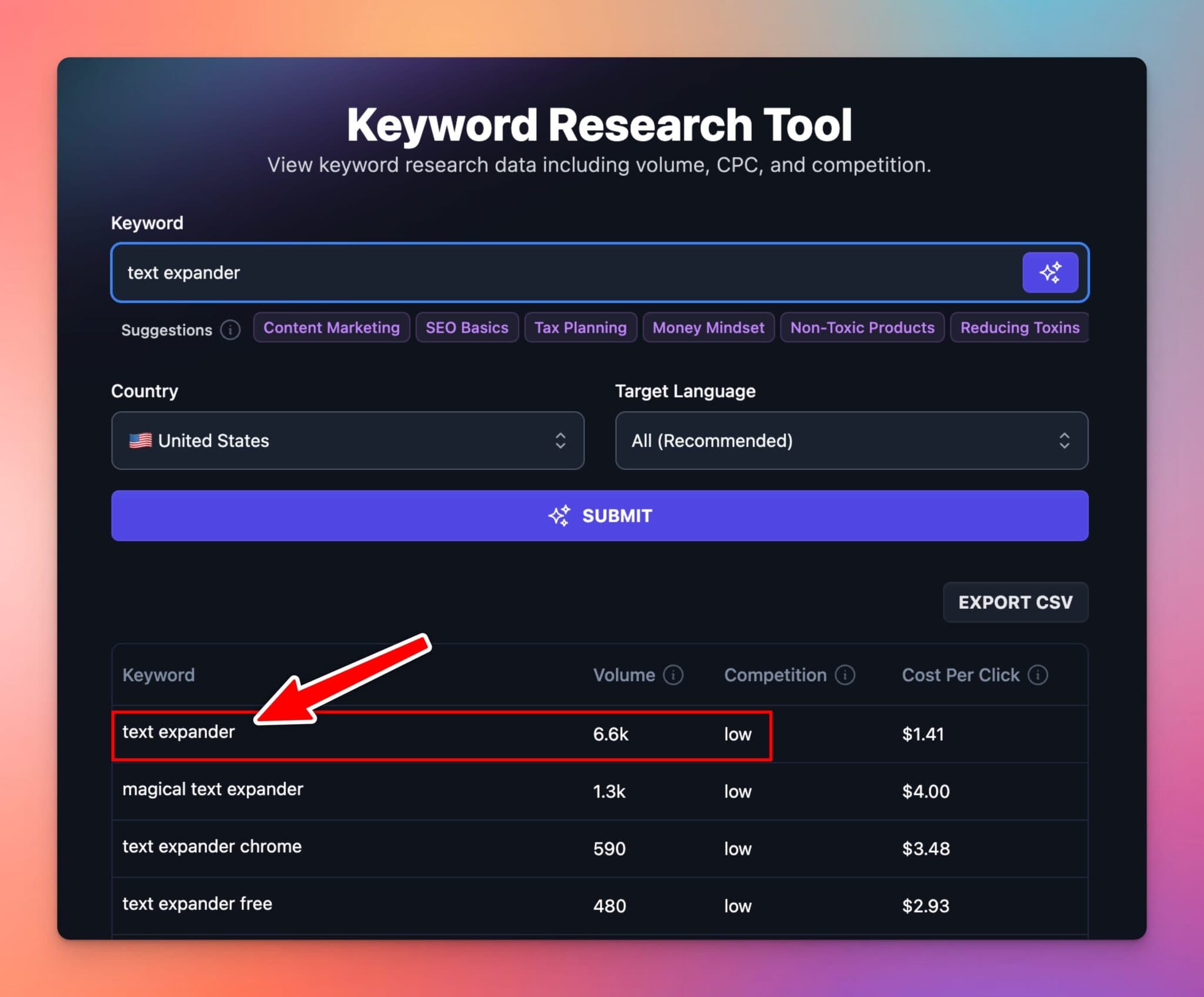 Keyword Research for Text Generator Tool Idea Example (Screenshot)