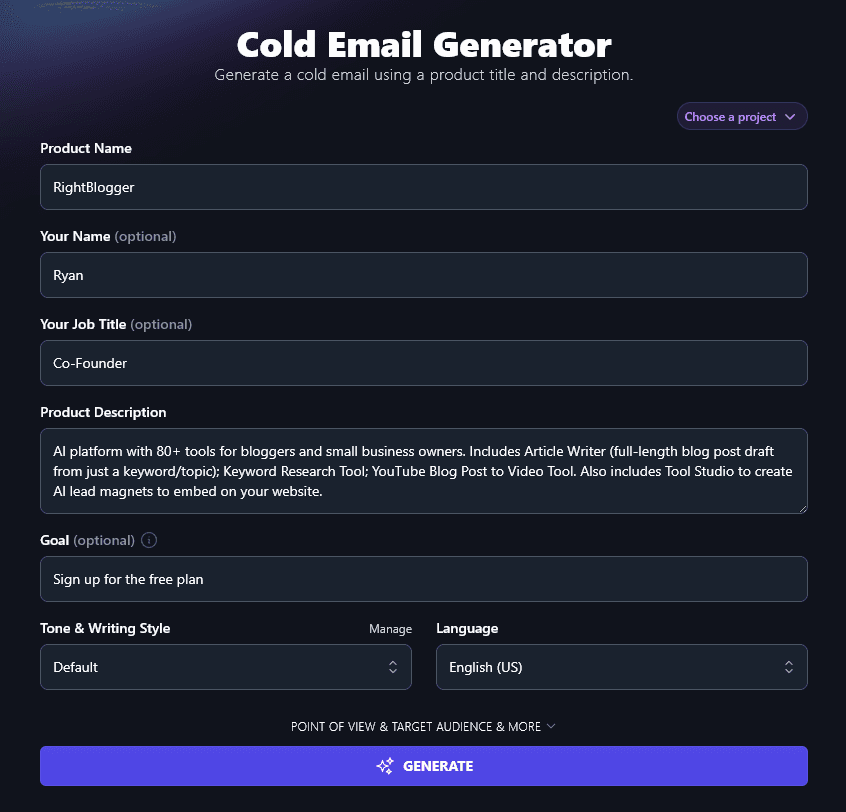 Entering a Goal for Your Email Into the Cold Email Generator