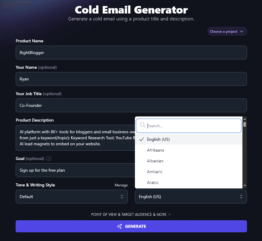 Selecting Your Preferred Language for the Cold Email Generator