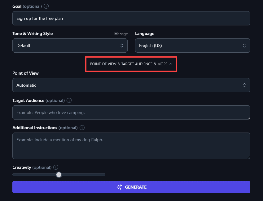 Opening Up the Advanced Options for the AI Cold Email Generator