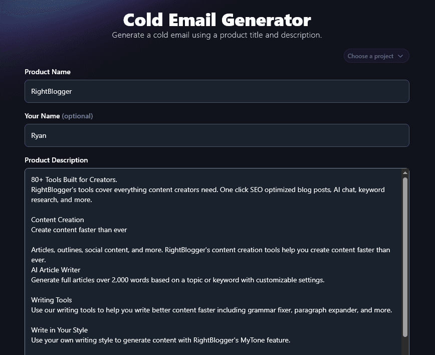 Pasting in Content From Your Product Landing Page for the AI Cold Email Generator