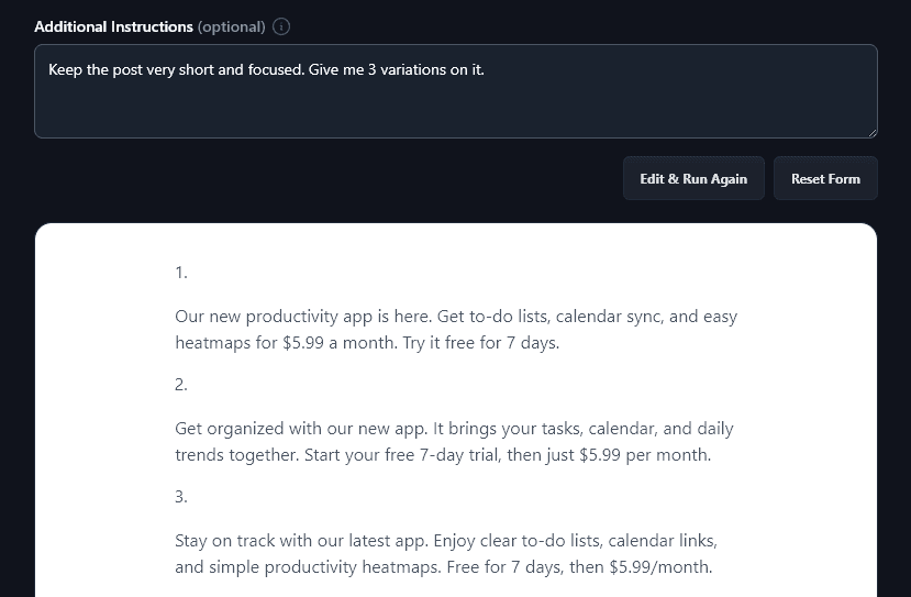 Giving Additional Instructions to the Facebook Post Tool (It's Followed Them Here to Write 3 Short Posts As Requested)