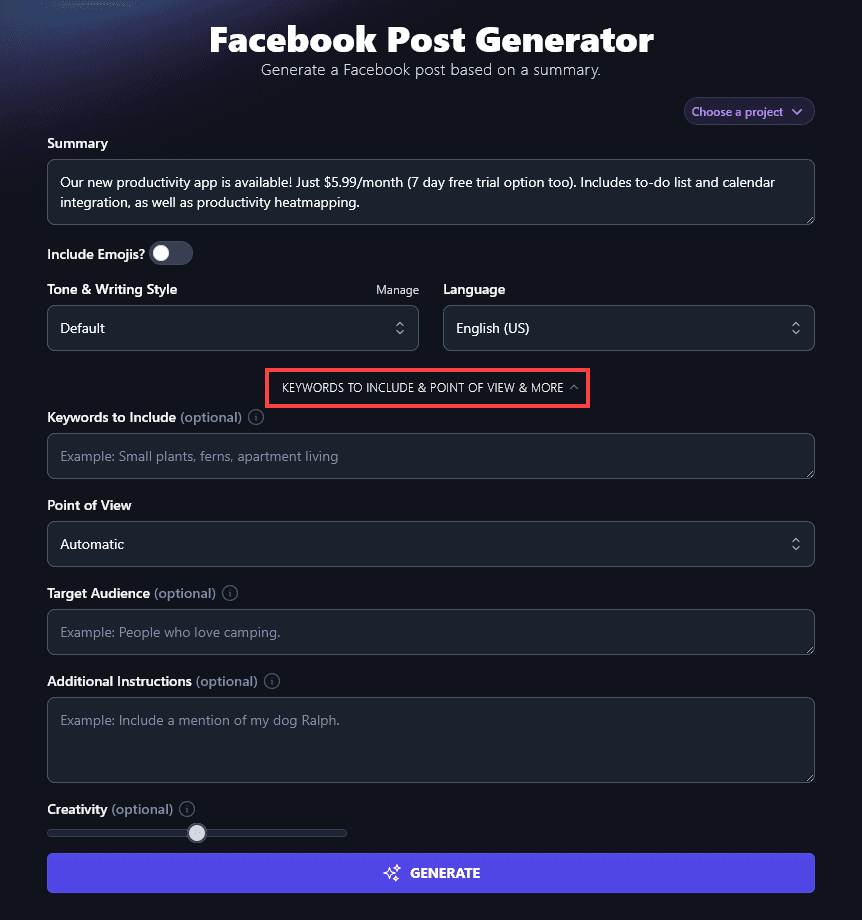 Opening Up the Advanced Options in the Facebook Post Generator