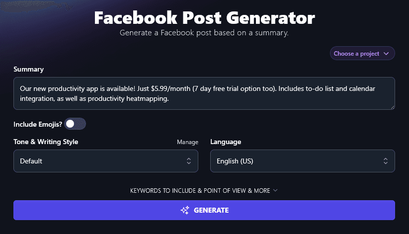 Entering a Detailed Summary Into the Facebook Post Generator