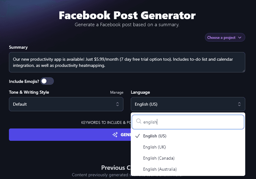 Selecting From Different Varieties of English in the Facebook Post Generator