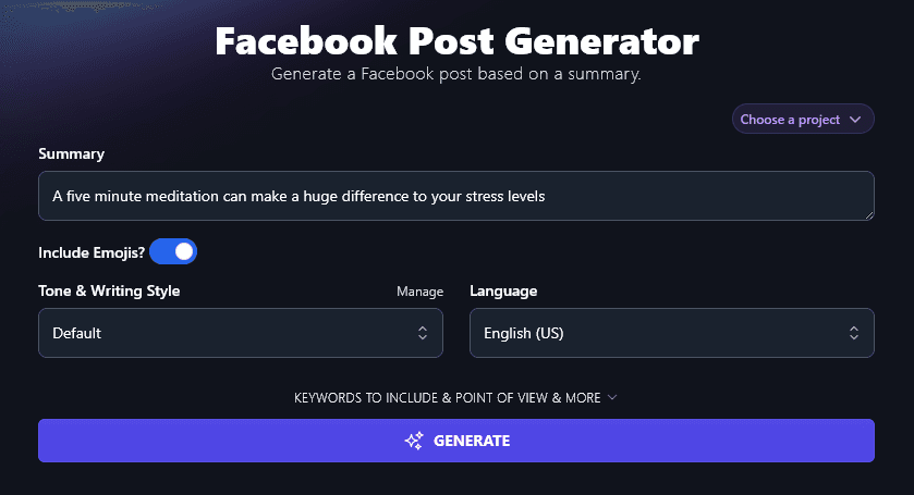 Toggling Include Emojis On in the Facebook Post Generator