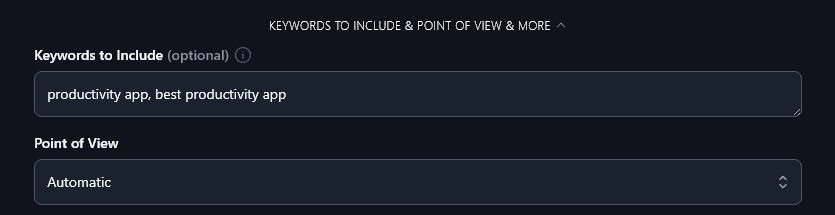 Entering Keywords to Include in the Facebook Post Generator Tool