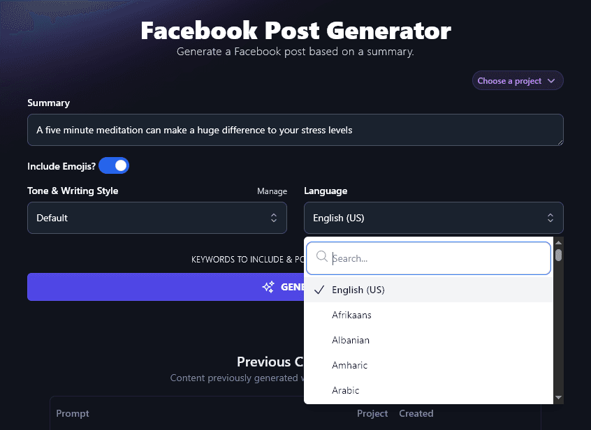 Selecting a Language in the Facebook Post Generator