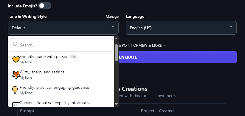 Selecting a MyTone in the Facebook Post Generator