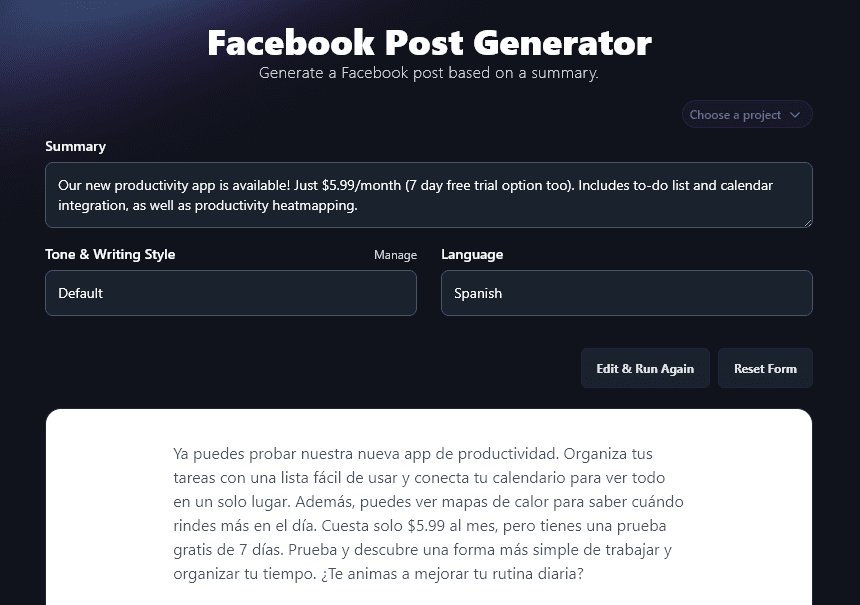 Creating a Facebook Post In Spanish Using the Facebook Post Generator Tool