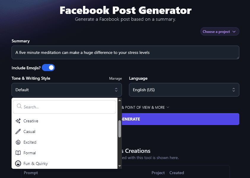 Selecting a Tone & Writing Style in the Facebook Post Generator