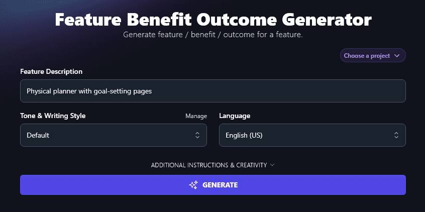 Describing a Product That You Haven't Yet Created, to get Ideas from the Feature Benefit Outcome Generator