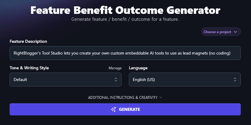 Entering a Feature Description into the Feature Benefit Outcome Generator