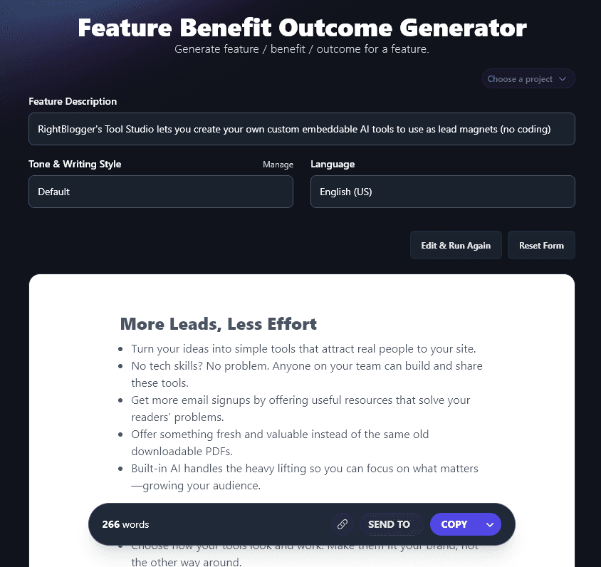 The Copy Created by the the Feature Benefit Outcome Generator