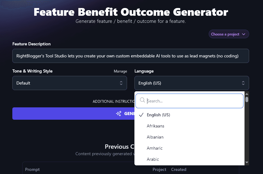 Selecting Your Preferred Language for the Feature Benefit Outcome Generator