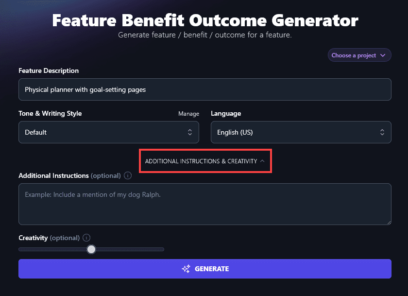 Opening Up the Advanced Options for the Feature Benefit Outcome Tool