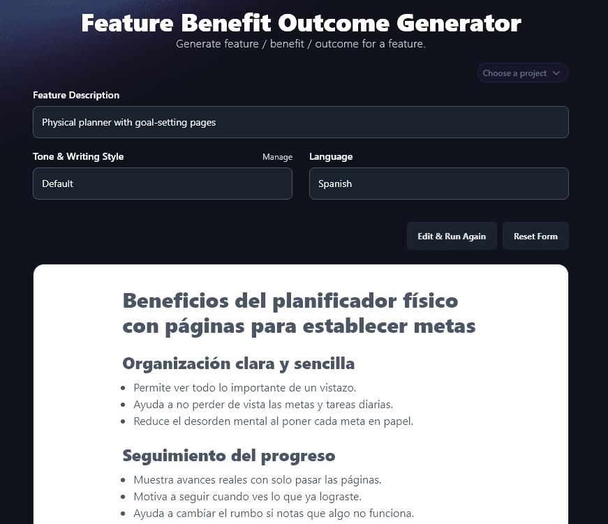 Spanish Copy Generated by the Feature Benefit Outcome Tool