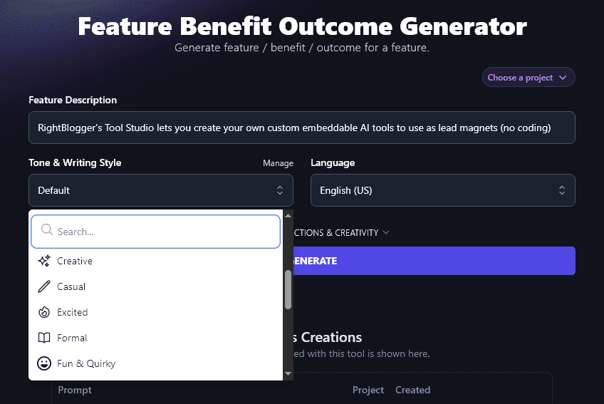 Choosing a Tone and Writing Style in the Feature Benefit Outcome Generator