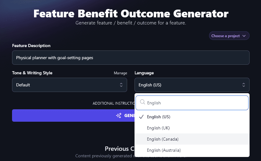 Choosing Different Varieties of English in the Feature Benefit Outcome Generator