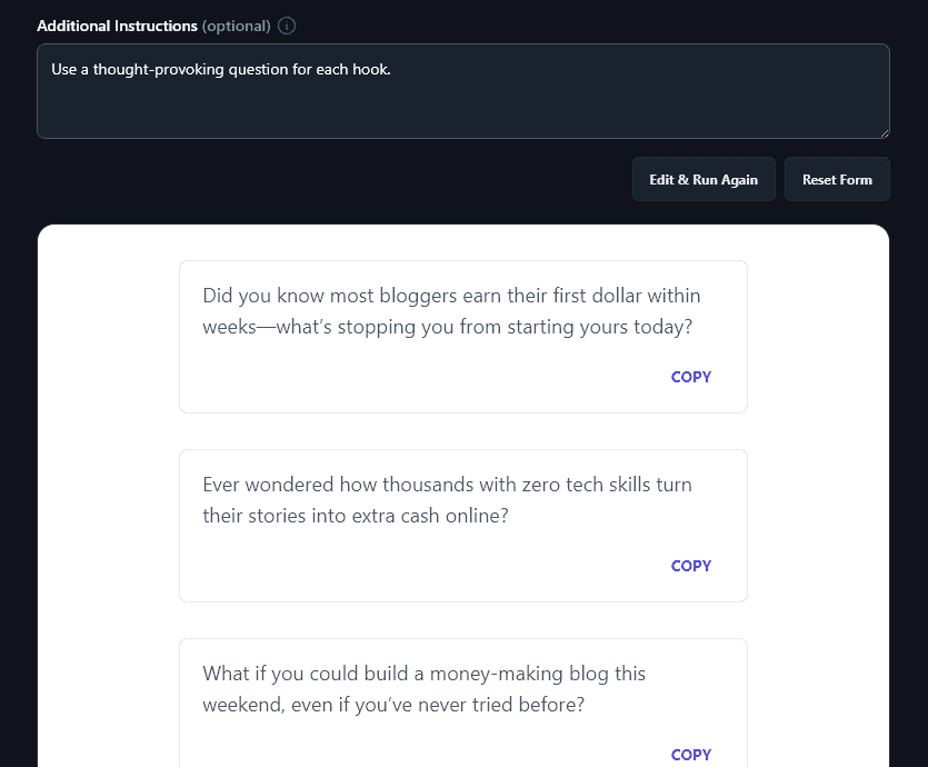 The AI Hook Generator Has Followed the Advanced Instructions When Creating Hooks
