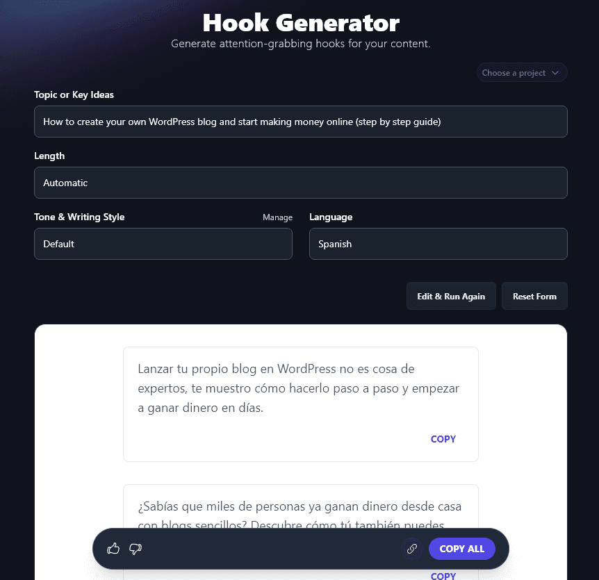 Creating Content in Spanish Using the Hook Generator