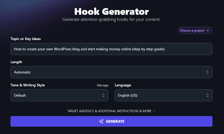 Entering a Detailed Topic for the Hook Generator