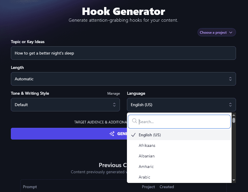 Selecting Your Preferred Language for the Hook Generator