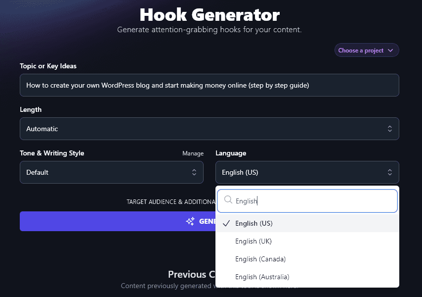 Choosing from 4 Varieties of English When Using the AI Hook Generator