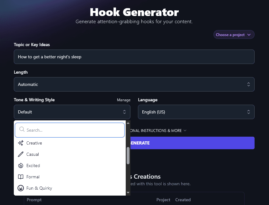 Choosing Your Tone & Writing Style in the Hook Generator