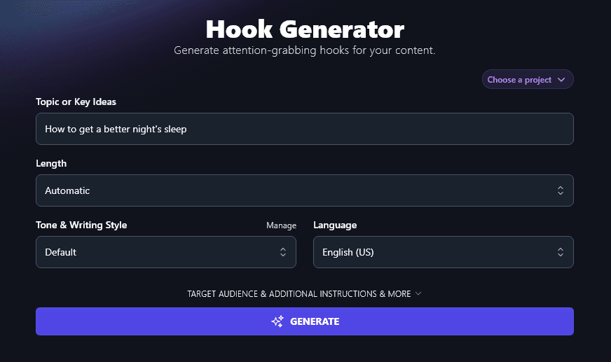 Entering Your Topic or Key Idea Into the Hook Generator